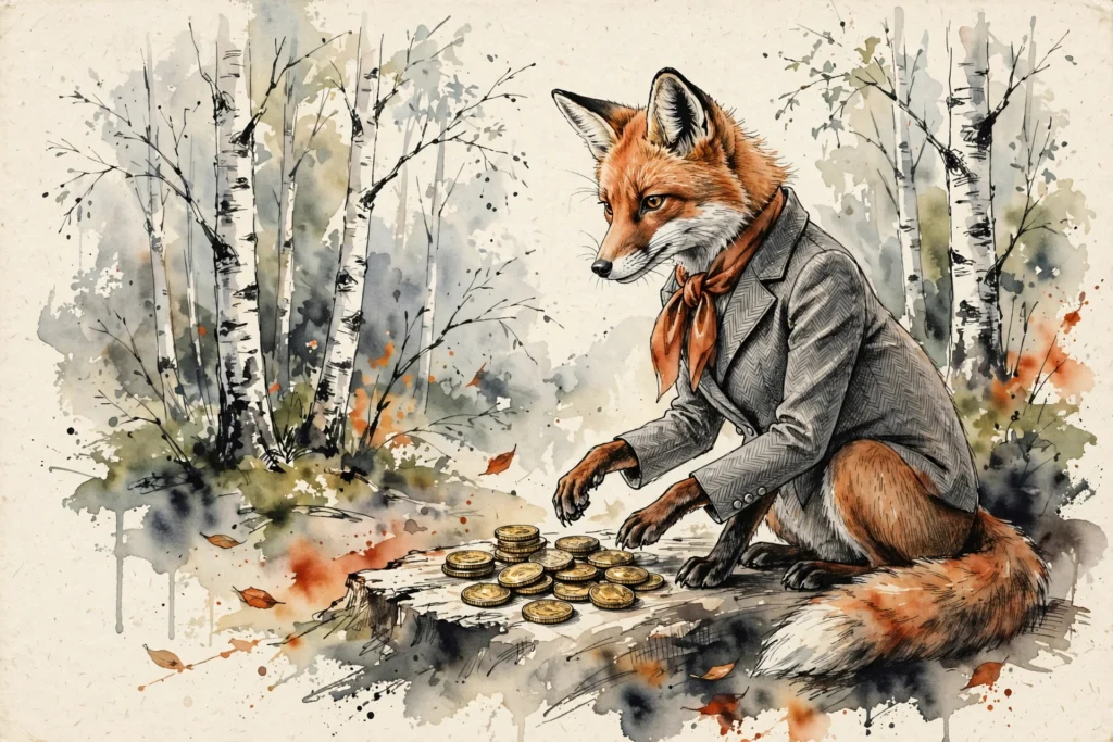 An ink-drawn fox in a folkfox forest, illustrating copilot ads microsoft.