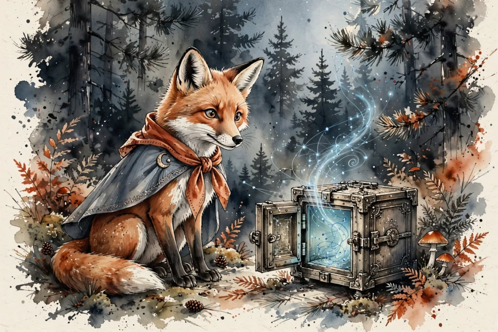 An ink-drawn fox in a folkfox forest, illustrating copilot checkout microsoft.