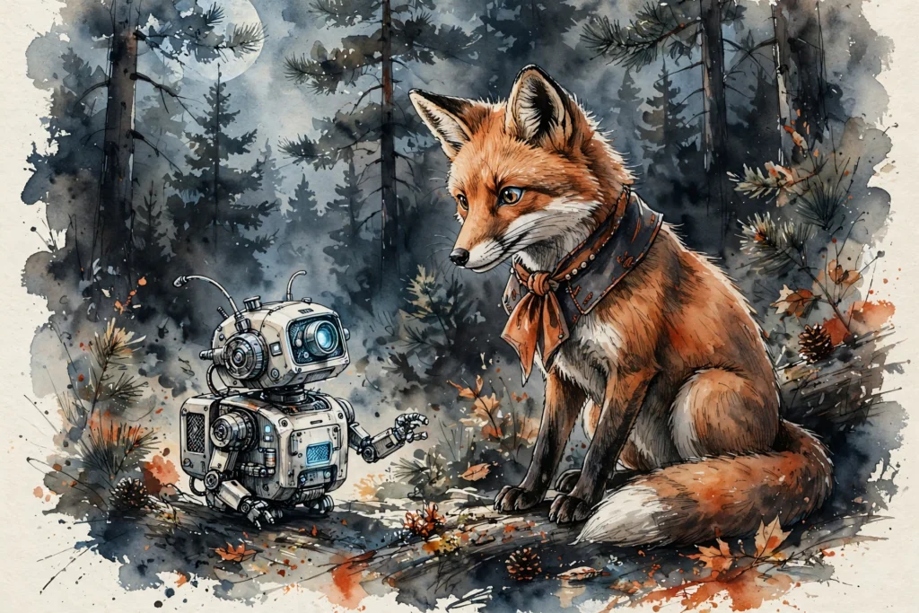 An ink-drawn fox in a folkfox forest, illustrating copilot in microsoft advertising.