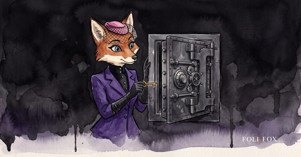An ink-drawn fox in a folkfox forest beside a vault, illustrating crypto exchange marketing.