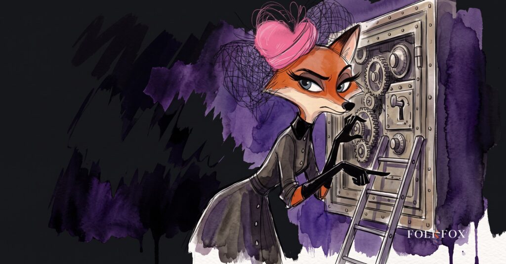 An ink-drawn fox in a folkfox forest beside a vault, illustrating crypto exchange marketing.