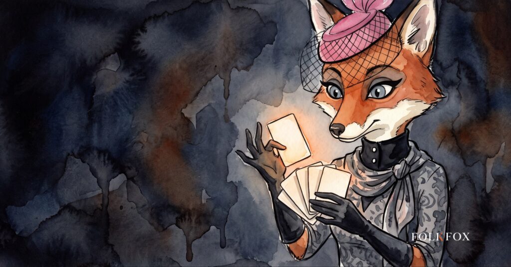 custom product pages get faster creative from an ink-drawn fox fanning a small deck of blank cards, one raised and glowing