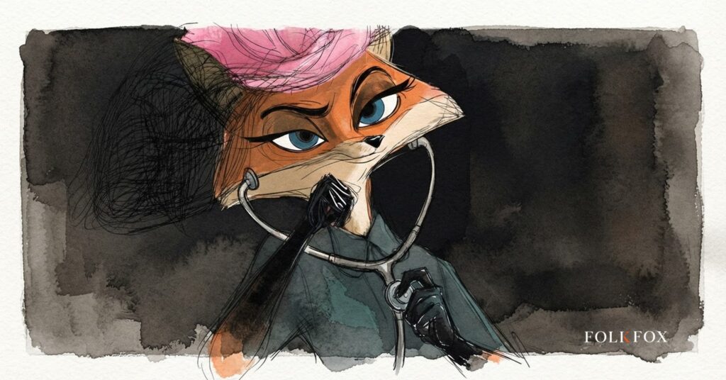 An ink-drawn fox listening at a dark doorway, illustrating the cyber threat landscape and the quiet dangers behind the loud ones