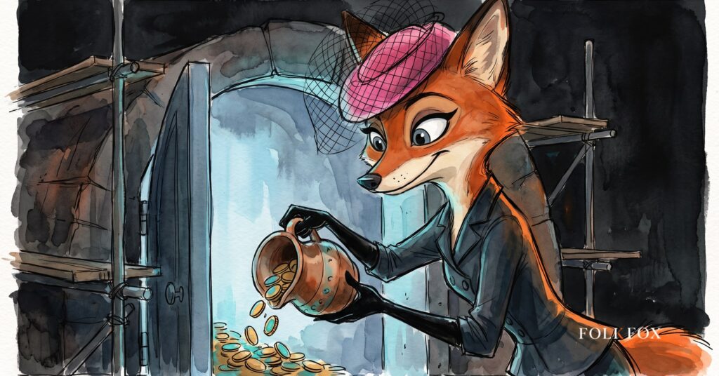 cybersecurity marketing agency work for a vendor scaling fast: an ink-drawn fox pouring coins into a half-scaffolded vault door
