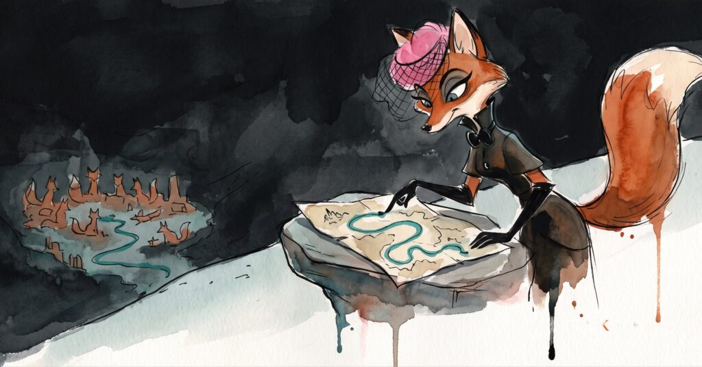 A fox studying a map on a moonlit ridge, plotting its own trail apart from a converging pack, cybersecurity vendor consolidation