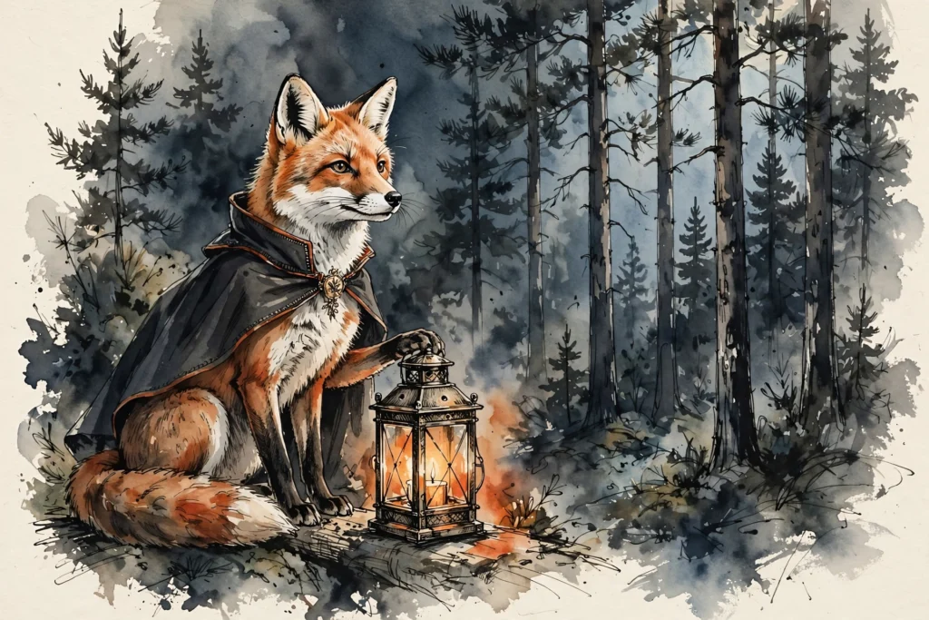 An ink-drawn fox in a folkfox forest, illustrating desktop landing page architecture.