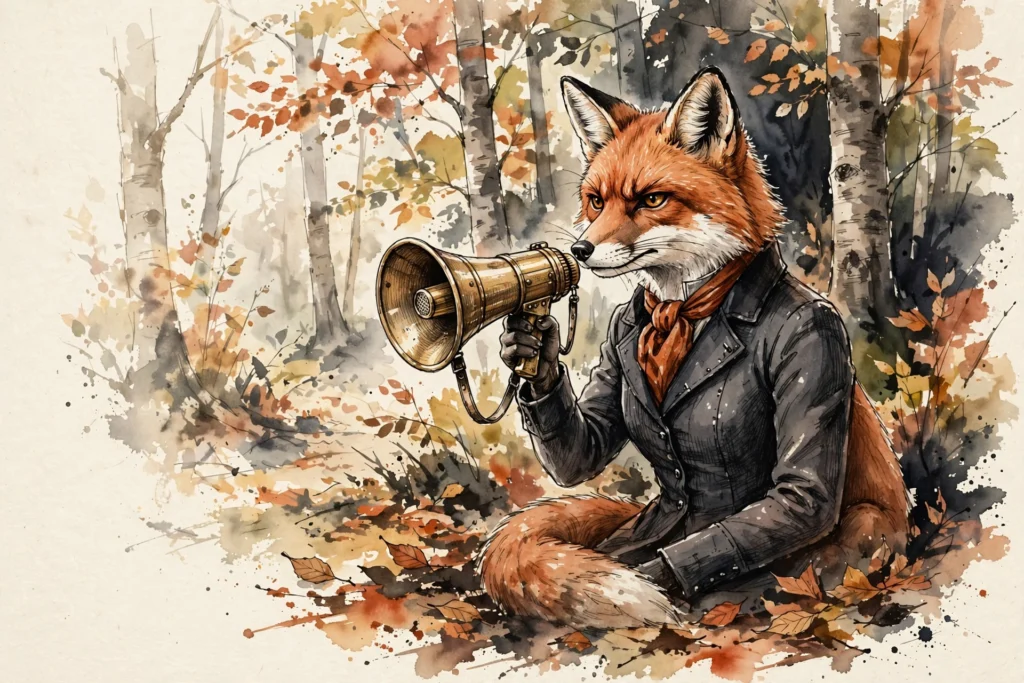 An ink-drawn fox in a folkfox forest, illustrating diagnosing microsoft ads performance drops.