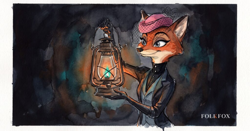 diaspora banking trust, a fox launching a small lit paper boat across a river toward the far shore