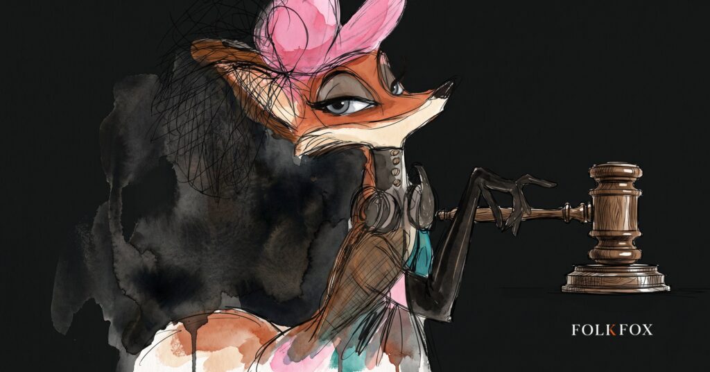 An ink-drawn fox in a folkfox forest beside a gavel, illustrating digital banking marketing.