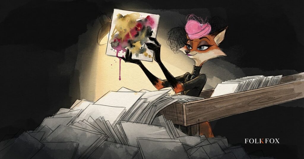 A watercolour fox holding one hand-drawn record sleeve above a crate of blank ones, a picture of the DistroKid AI flood and artists fighting to be found