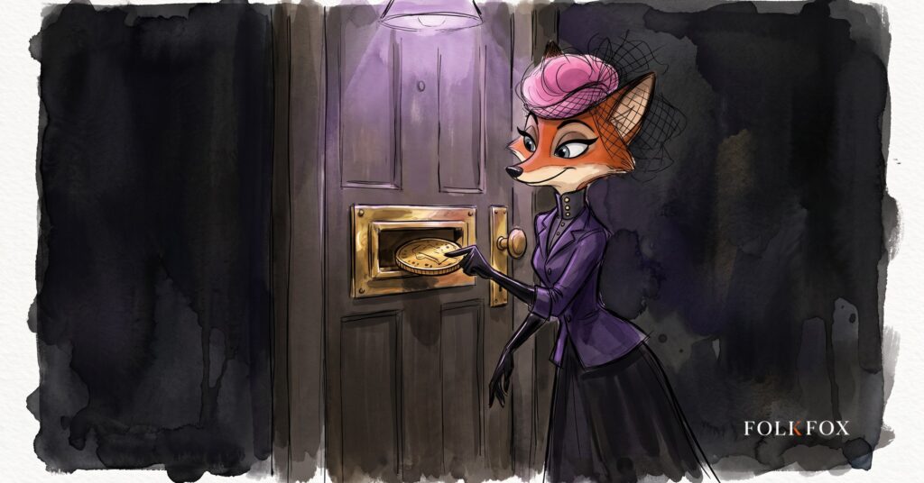 an ink-drawn fox posting a single coin through a very wide brass letterbox, euro stablecoin distribution