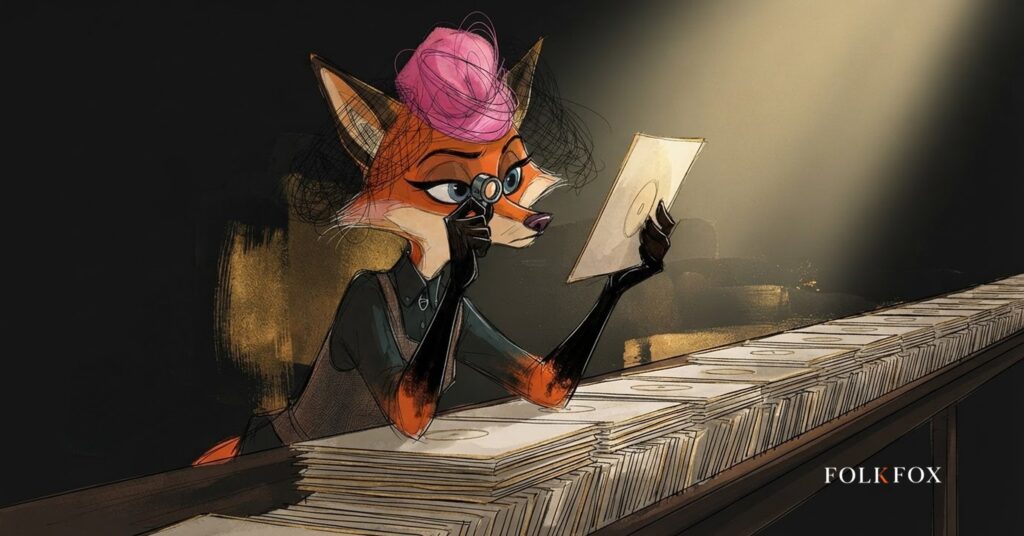 Watercolour fox inspecting a row of identical records with a loupe, checking for fake streams