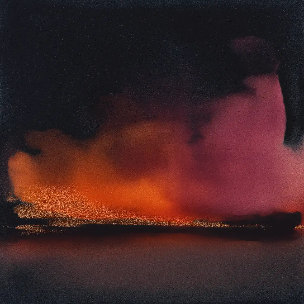 Ember and rose smoke rolling low across a dark horizon, the colour of a fire just over the hill
