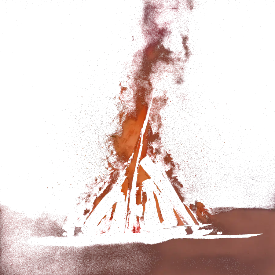 A small ember fire illuminates papers at the edge of a dark studio.