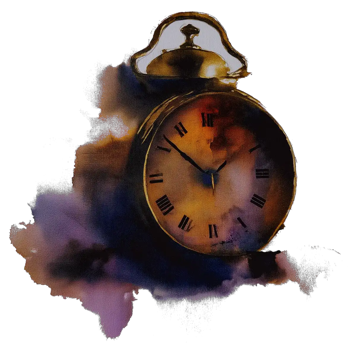 A brass alarm clock in watercolour, its face stained amber, blooming into indigo and plum at the base