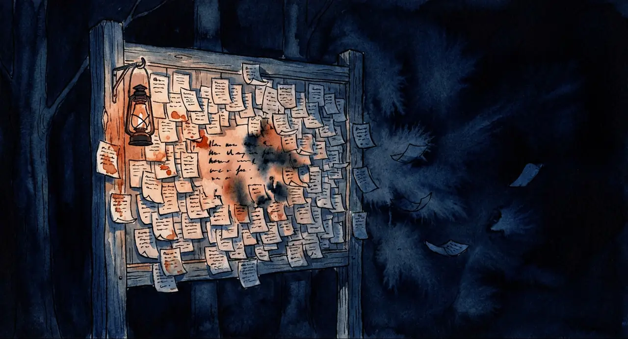 A watercolour noticeboard at night, densely layered with pinned paper notes, lit by one hanging lantern. Ink bleeds outward from the lit centre into unreadable blooms, and loose notes drift off into the dark.