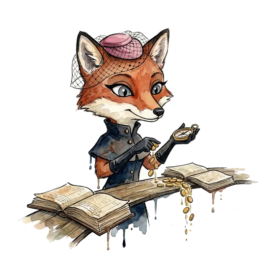 An ink-drawn fox weighing two blank brass gears beside a payment card, illustrating fintech content marketing agency.