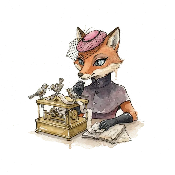watercolour fox watching clockwork birds work a ticker tape, a picture of agentic trading where an AI trading agent places the orders watercolour fox watching clockwork birds work a ticker tape, a picture of agentic trading where an AI trading agent places the orders