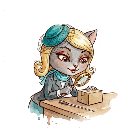 A grey cat conductor peering through a magnifier at a familiar cardboard box, a picture of b2b brand strategy that checks perception first