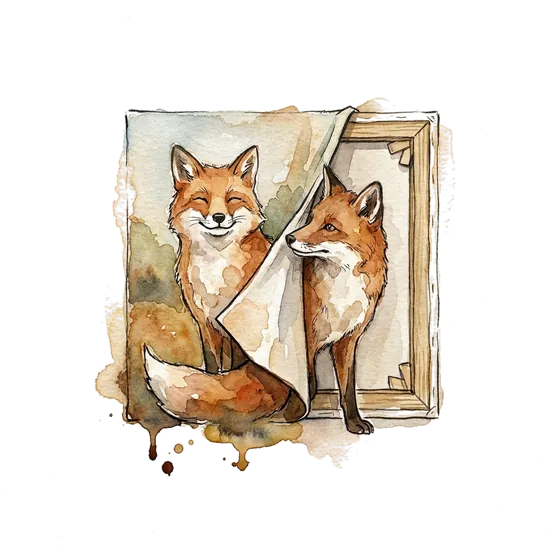 content marketing expertise and the backdrop test: an ink-drawn fox peering behind a painted face at an empty canvas