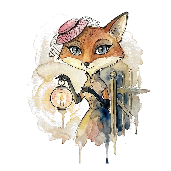 A watchful fox holds a lantern beside a garden gate, an image for chatbot advertising