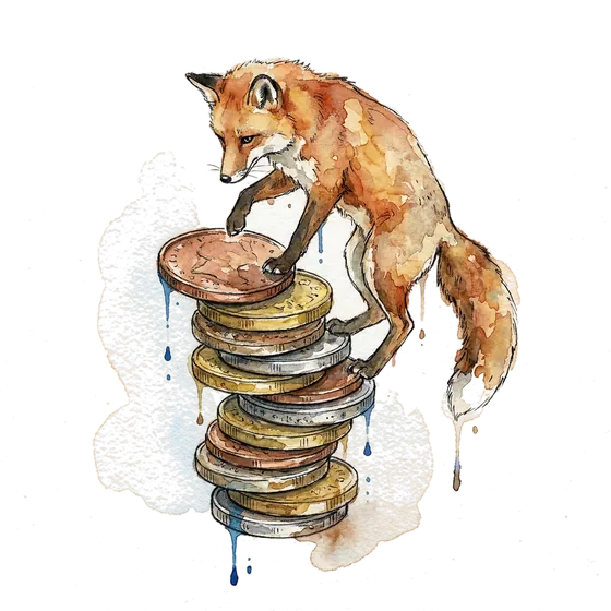 crypto exchange marketing and a growth incentive mechanic: an ink-drawn fox testing the balance of a tall ladder of stacked coins crypto exchange marketing and a growth incentive mechanic: an ink-drawn fox testing the balance of a tall ladder of stacked coins