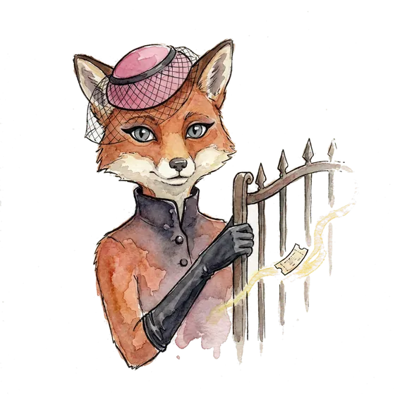 a watercolour fox holding a gate ajar for one paper ticket, a picture of a ballot built to keep ticket touting out