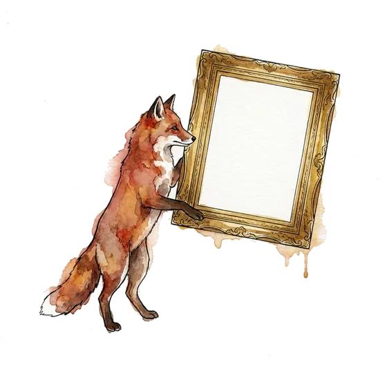 influencer vetting failure, an endorsement that was never given: an ink-drawn fox holding up an ornate gilded frame containing only blank canvas