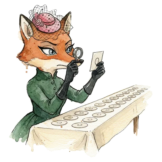Watercolour fox with a loupe inspecting a row of identical records for fake streams Watercolour fox with a loupe inspecting a row of identical records for fake streams