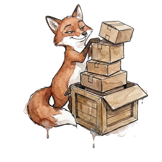 brand architecture consolidation drawn as a fox pressing five boxes into one crate