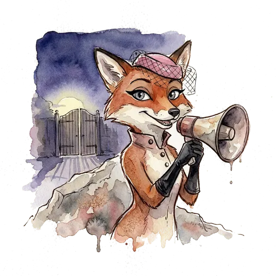 A mischievous fox on a ridge holding a megaphone, illustrating the kalshi vs polymarket race for attention