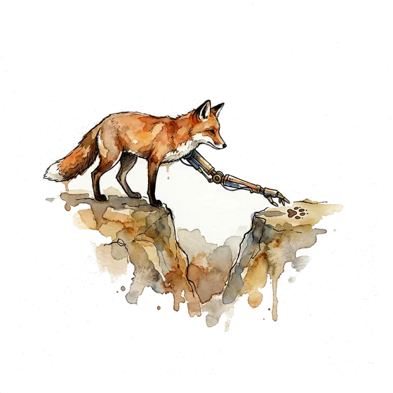 robotic surgery marketing and the long reach: an ink-drawn fox extending a jointed mechanical arm across a gap