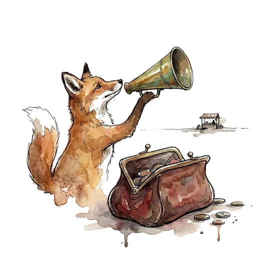 sportsbook advertising answers a rival with reach: an ink-drawn fox raising a brass megaphone towards a distant new stall, an open purse spilling at its feet sportsbook advertising answers a rival with reach: an ink-drawn fox raising a brass megaphone towards a distant new stall, an open purse spilling at its feet
