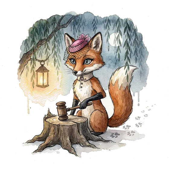 An indignant fox raises a gavel beneath a willow, picturing the court ruling on meta scam ads