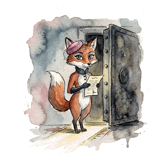 Watercolour fox waiting before a vault door left ajar, holding a folded certificate, an image for a MiCA licence as the key to EU crypto advertising