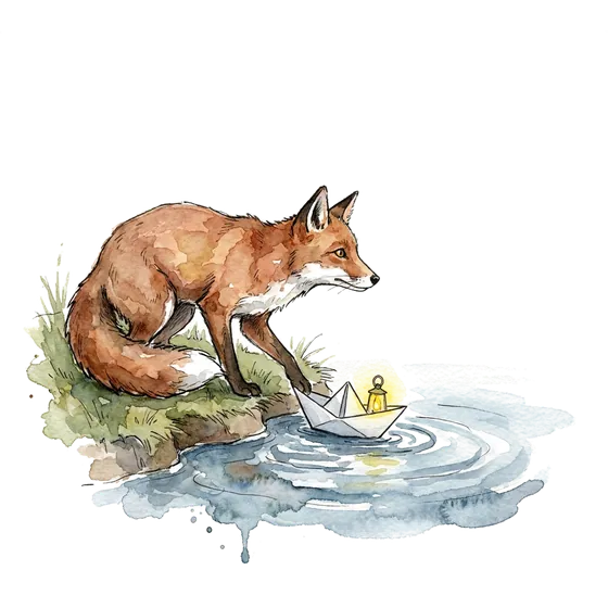 diaspora banking trust, an ink-drawn fox launching a small lit paper boat across a river toward the far shore diaspora banking trust, an ink-drawn fox launching a small lit paper boat across a river toward the far shore