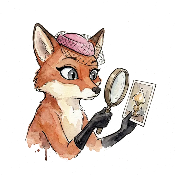 pinterest ads in a visual auction: the vixen studies a product photograph through a magnifying glass