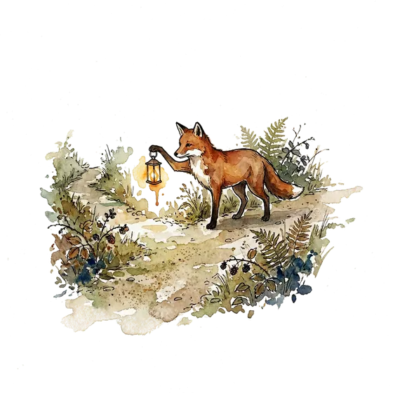 brand repositioning as a fork in the trail: an ink-drawn fox raising a lantern toward the narrower of two paths brand repositioning as a fork in the trail: an ink-drawn fox raising a lantern toward the narrower of two paths