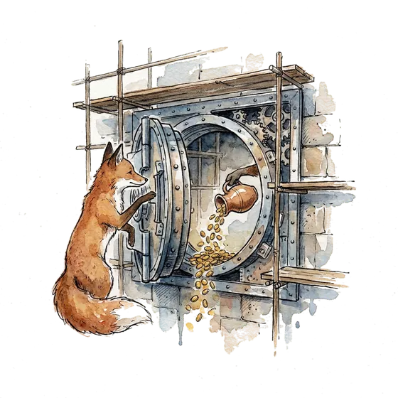 cybersecurity marketing agency work for a still-scaling vendor: an ink-drawn fox pouring coins into a half-scaffolded vault door cybersecurity marketing agency work for a still-scaling vendor: an ink-drawn fox pouring coins into a half-scaffolded vault door
