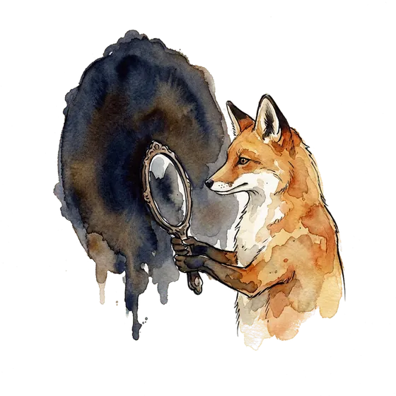 organic click through rate shrinks under a fuller AI Overview: an ink-drawn fox holding a small mirror eclipsed by a larger screen's shadow organic click through rate shrinks under a fuller AI Overview: an ink-drawn fox holding a small mirror eclipsed by a larger screen's shadow