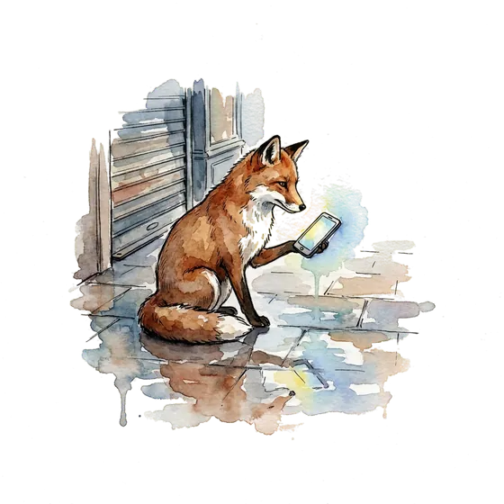 casino marketing after the shops close: an ink-drawn fox outside a shuttered shopfront holding a glowing handheld screen