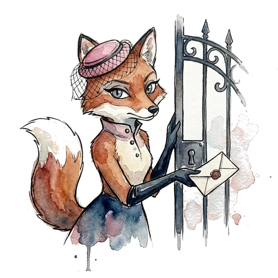 social engineering fraud fox at an iron gate, wary, checking a sealed government letter passed through the bars before opening it