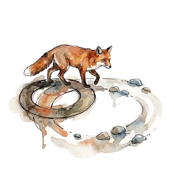 music marketing for artists and the wider circuit: an ink-drawn fox leaving a tight circle for a spiral of marked stones