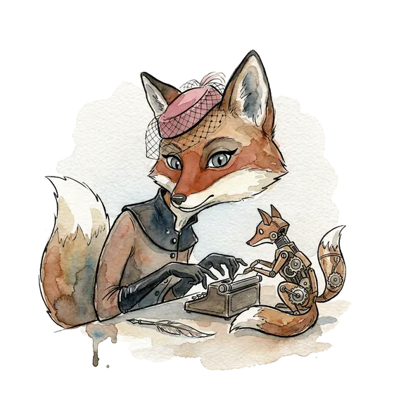 a fox illustrating an ai marketing platform drafting copy while a human editor still decides which draft earns the client's name