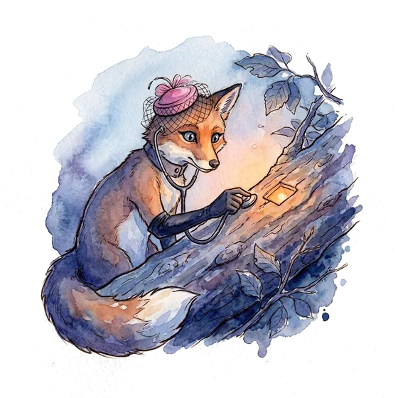 A watchful fox in a beech wood holding a stethoscope to a tree, listening for leaks in telehealth advertising