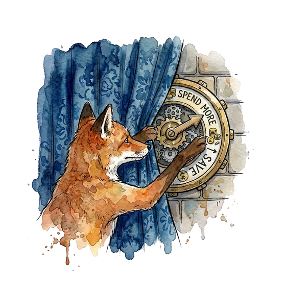 social media advertising agency work that checks the platform's own AI recommendation: an ink-drawn fox pulling back a curtain to reveal a dial set to spend more, reaching to turn it back down social media advertising agency work that checks the platform's own AI recommendation: an ink-drawn fox pulling back a curtain to reveal a dial set to spend more, reaching to turn it back down