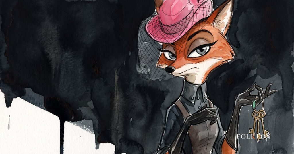 A wary fox holding a ring of brass keys up to a closed garden gate, illustrating a fintech digital marketing agency reading a neobank's partner-bank launch
