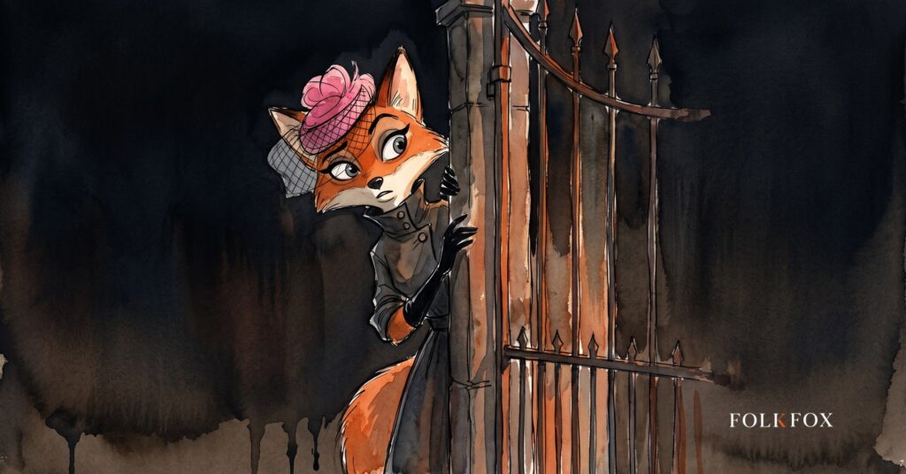 generative engine optimization service and a narrowing path to readers: an ink-drawn fox squeezing through a gate swinging shut in a hedgerow