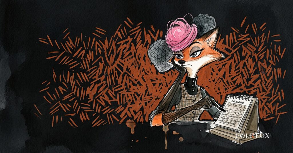 An ink-drawn fox in a folkfox forest beside a calendar, illustrating ai max migration.