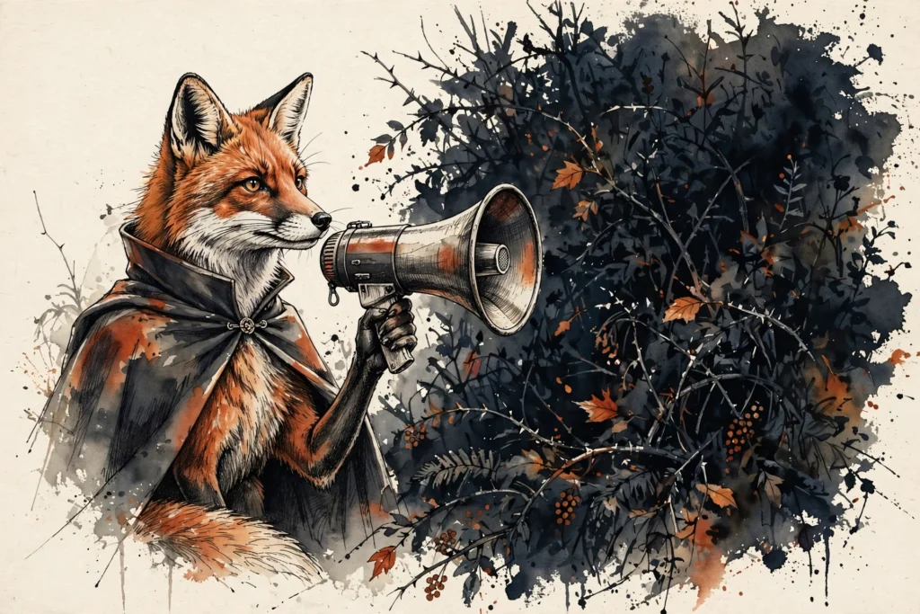 An ink-drawn fox in a folkfox forest, illustrating google ads import microsoft.